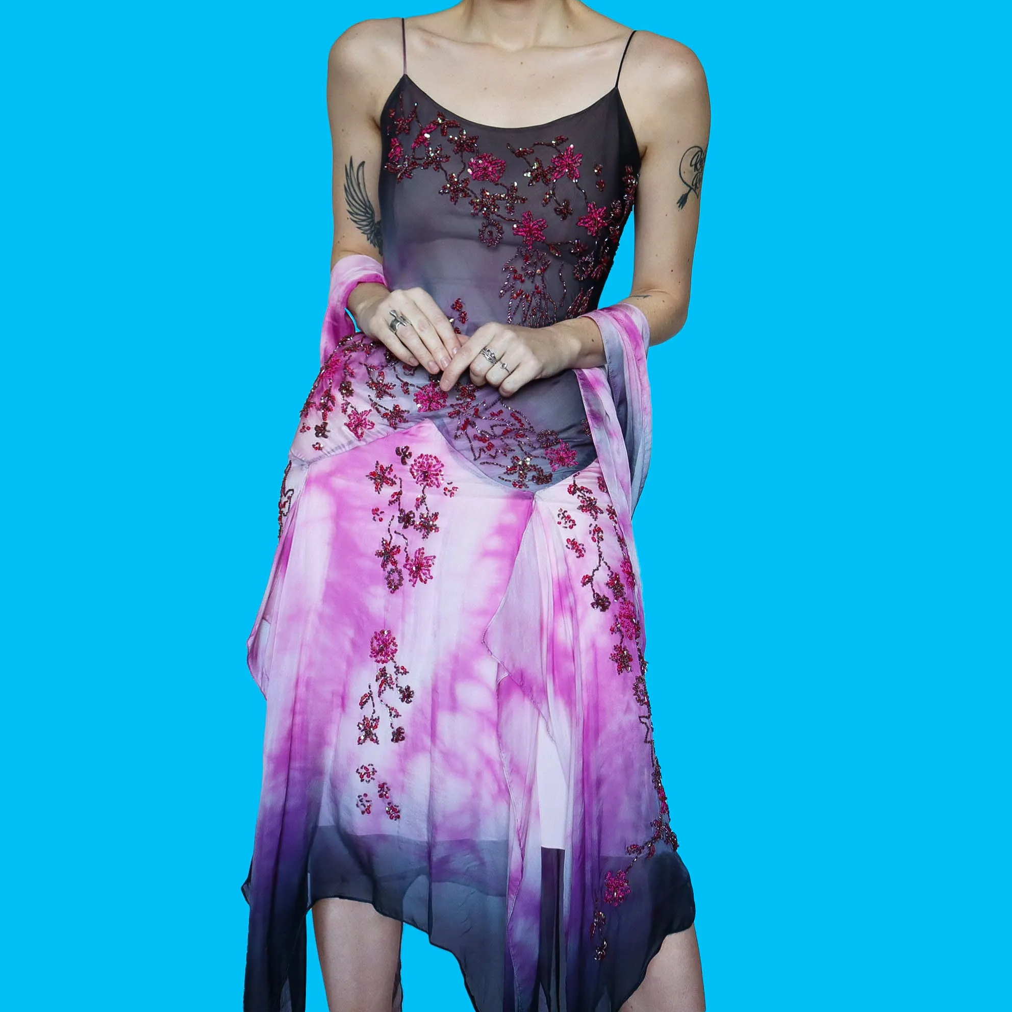 100% silk beaded YVE slip dress & shawl UK 10