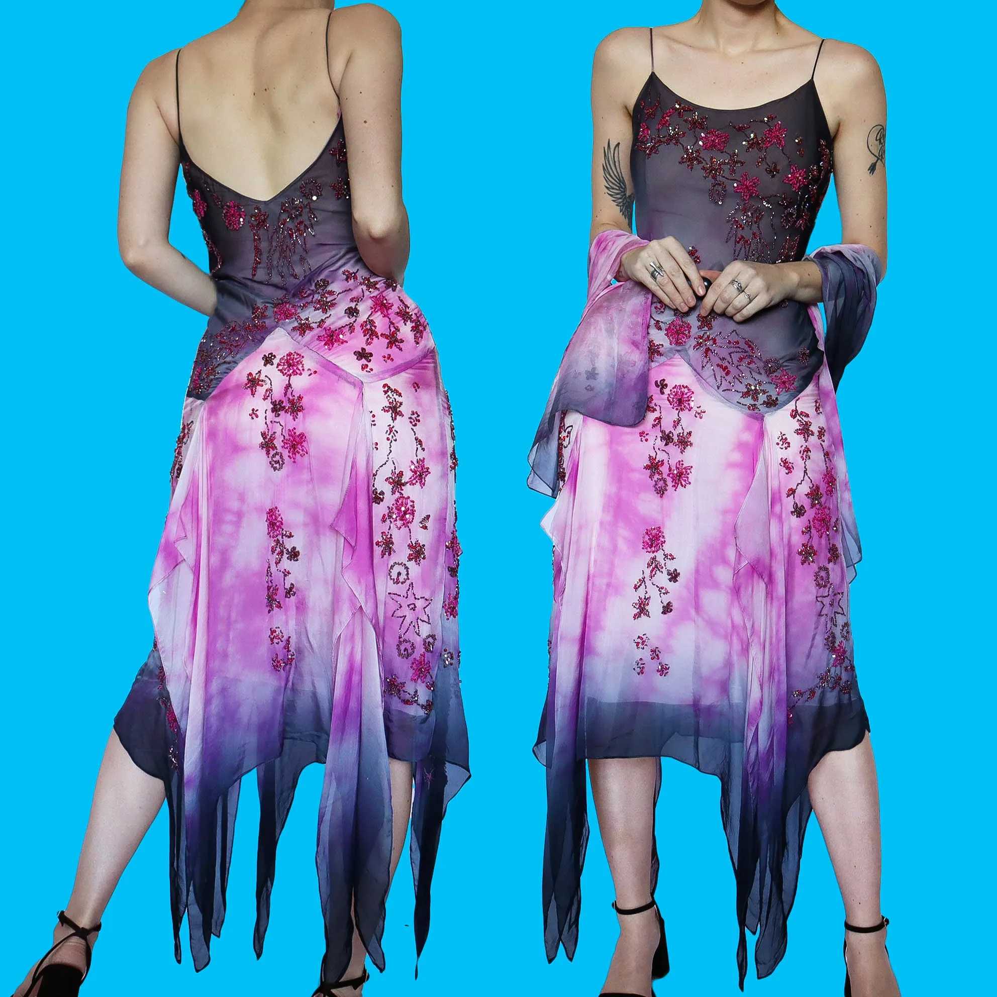 100% silk beaded YVE slip dress & shawl UK 10