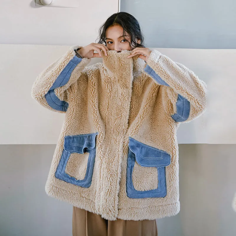 8GIRLS DESIGN ZIP THROUGH BORG TEDDY JACKET WITH DENIM DETAIL