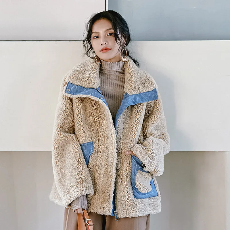 8GIRLS DESIGN ZIP THROUGH BORG TEDDY JACKET WITH DENIM DETAIL