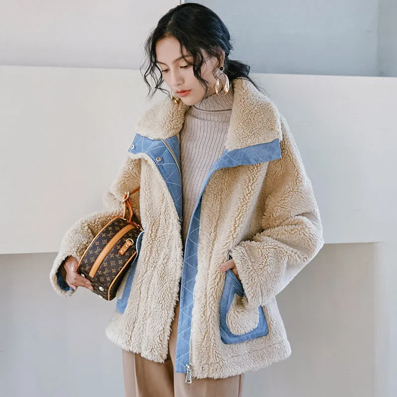 8GIRLS DESIGN ZIP THROUGH BORG TEDDY JACKET WITH DENIM DETAIL