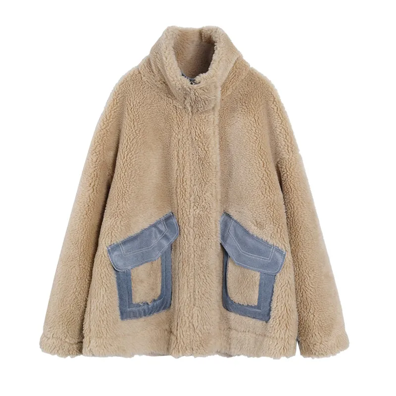 8GIRLS DESIGN ZIP THROUGH BORG TEDDY JACKET WITH DENIM DETAIL
