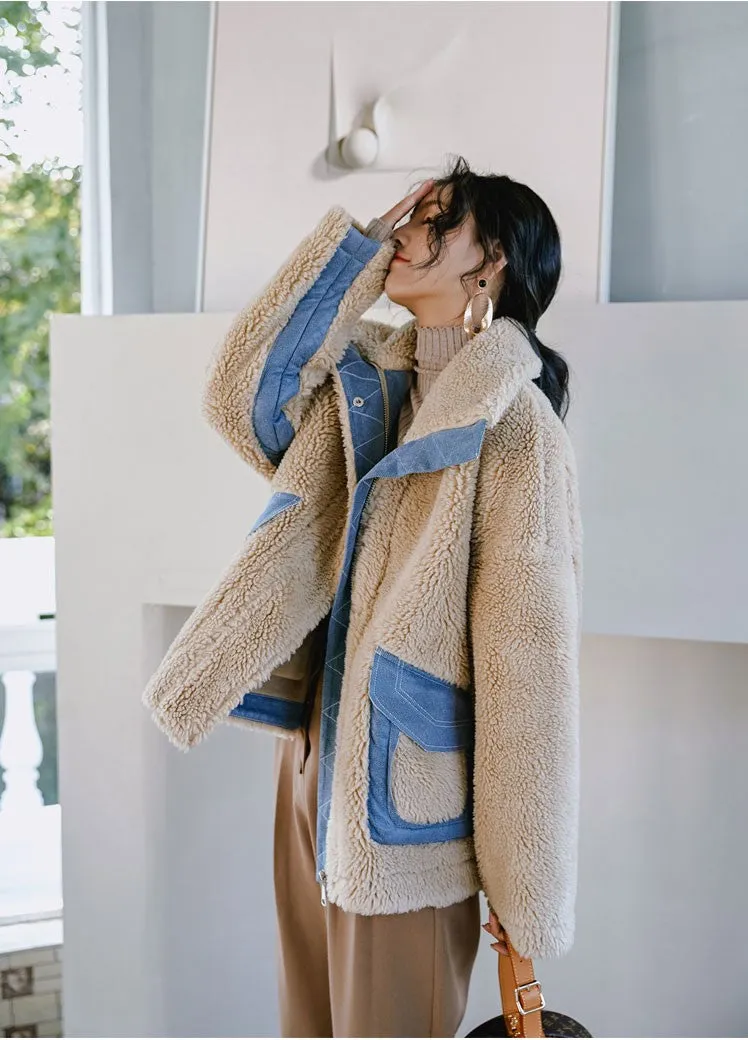 8GIRLS DESIGN ZIP THROUGH BORG TEDDY JACKET WITH DENIM DETAIL
