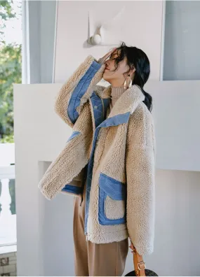 8GIRLS DESIGN ZIP THROUGH BORG TEDDY JACKET WITH DENIM DETAIL