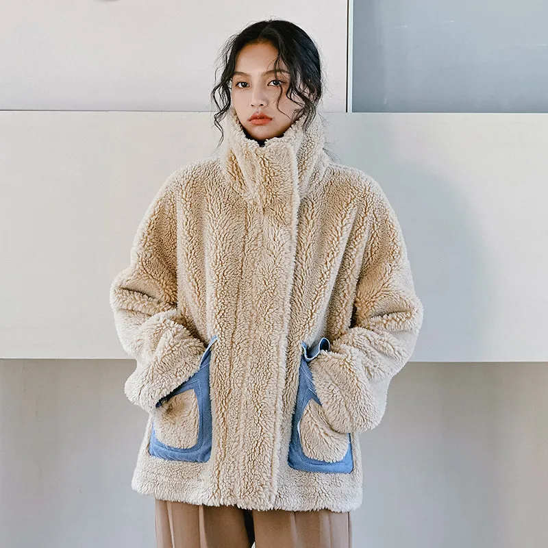 8GIRLS DESIGN ZIP THROUGH BORG TEDDY JACKET WITH DENIM DETAIL