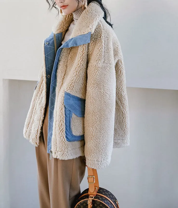 8GIRLS DESIGN ZIP THROUGH BORG TEDDY JACKET WITH DENIM DETAIL