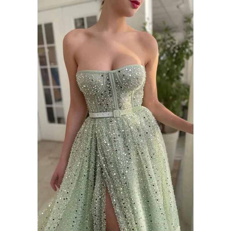 A-Line Strapless Sequined Split Sleeveless Prom Evening Formal Dress