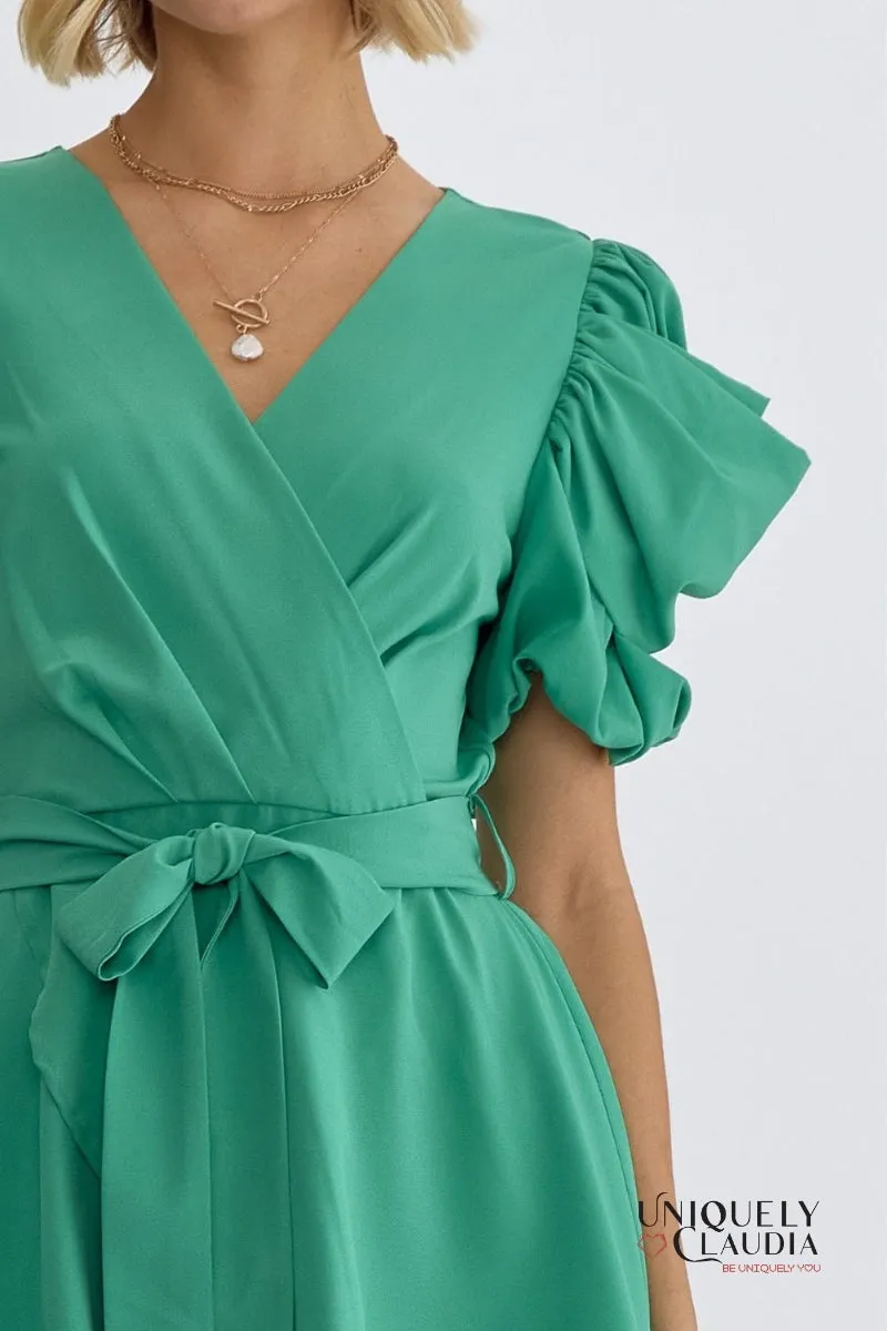 Agatha Surplice Ruched Sleeve Tiered Mini Dress