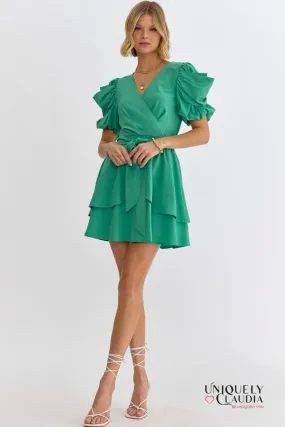 Agatha Surplice Ruched Sleeve Tiered Mini Dress