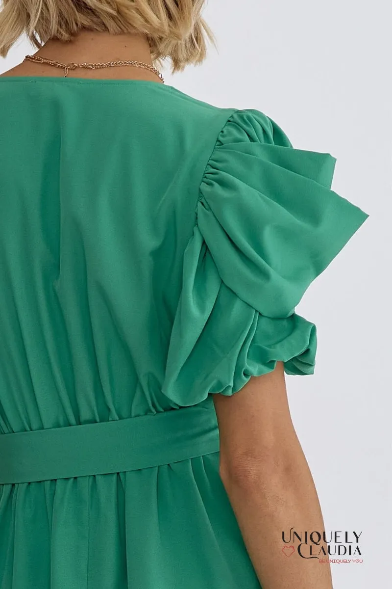 Agatha Surplice Ruched Sleeve Tiered Mini Dress