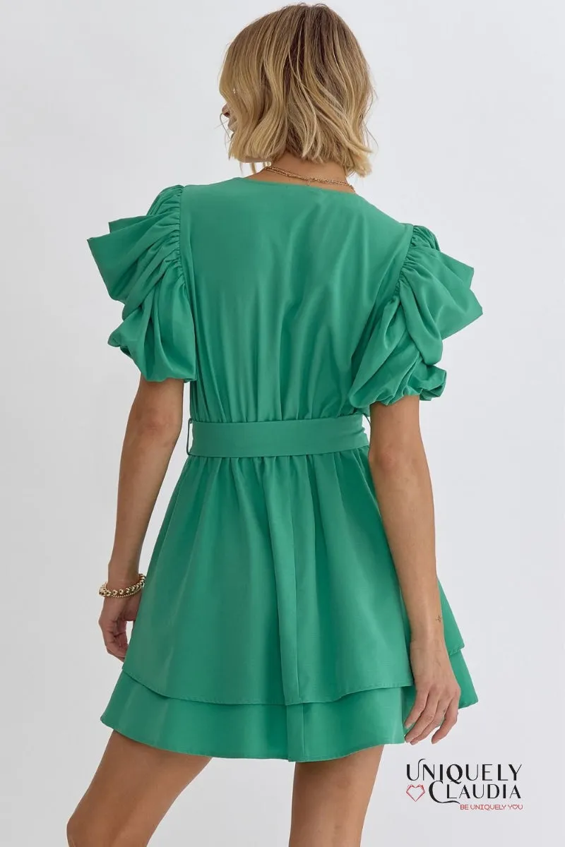 Agatha Surplice Ruched Sleeve Tiered Mini Dress