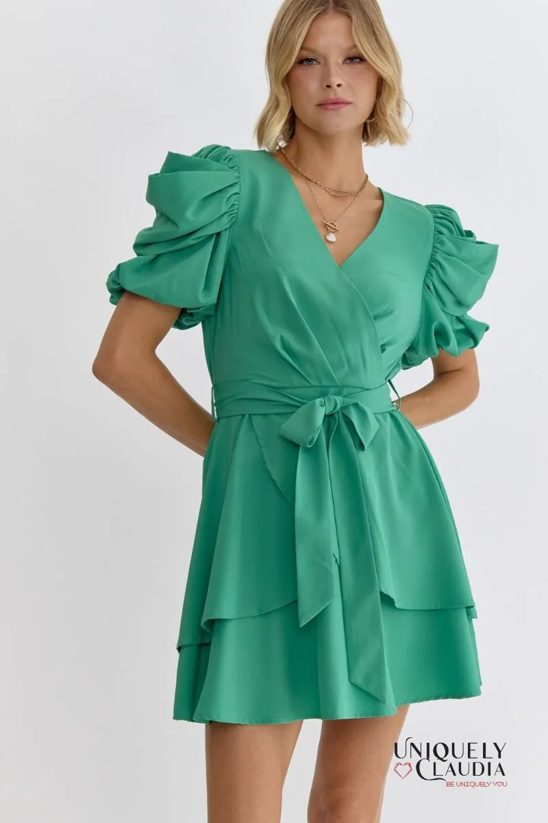 Agatha Surplice Ruched Sleeve Tiered Mini Dress