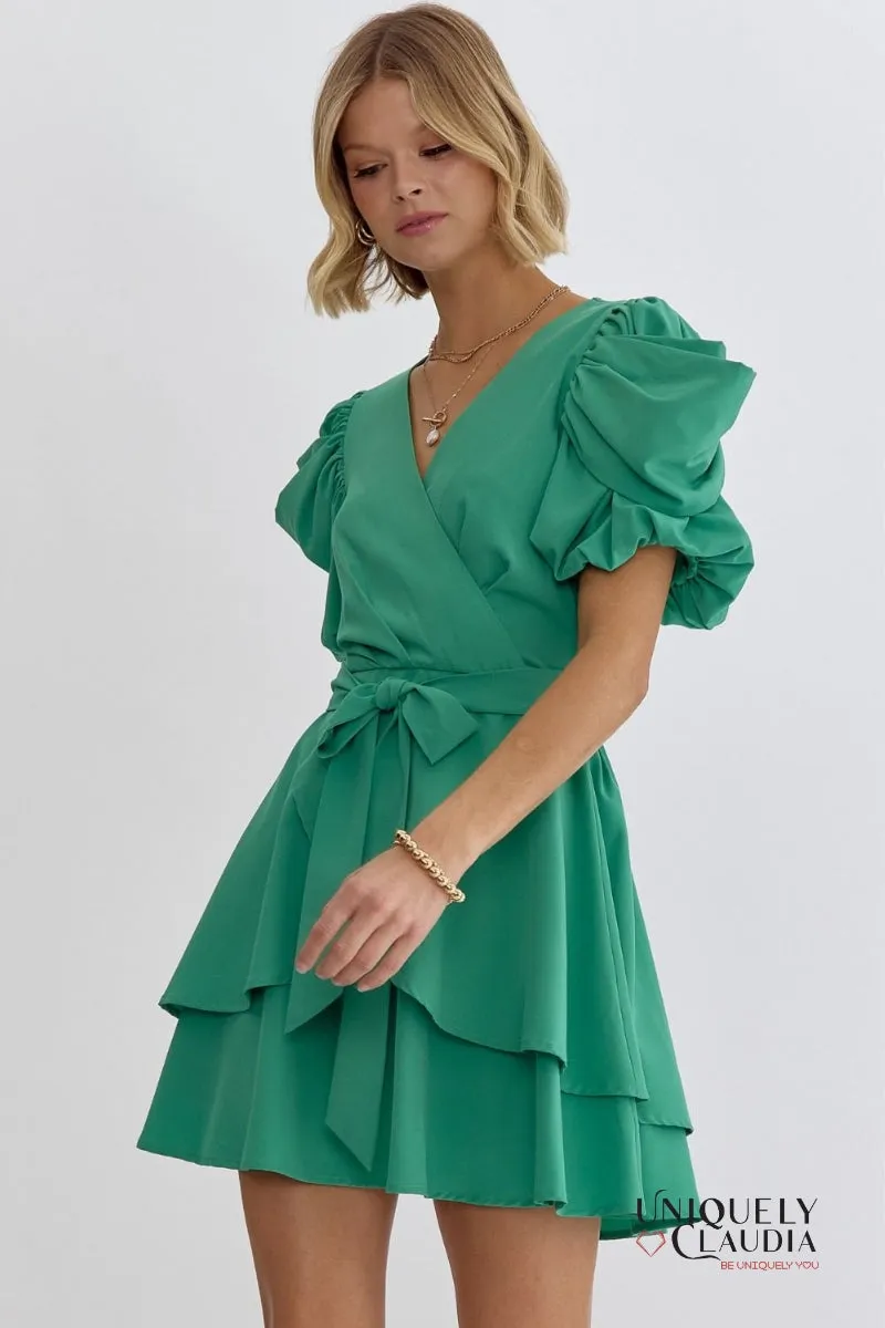 Agatha Surplice Ruched Sleeve Tiered Mini Dress