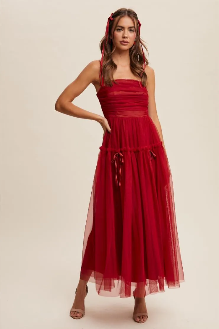 Aurelie Wine Ruched Tulle Maxi Dress - Wine