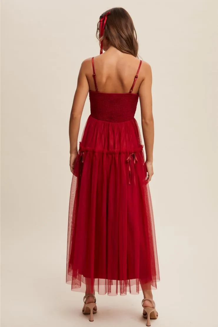 Aurelie Wine Ruched Tulle Maxi Dress - Wine