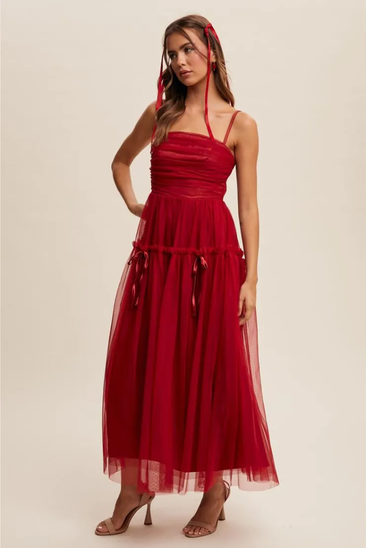 Aurelie Wine Ruched Tulle Maxi Dress - Wine