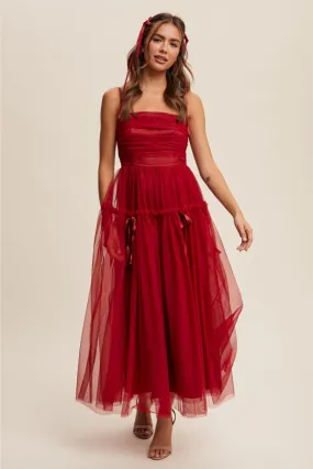 Aurelie Wine Ruched Tulle Maxi Dress - Wine