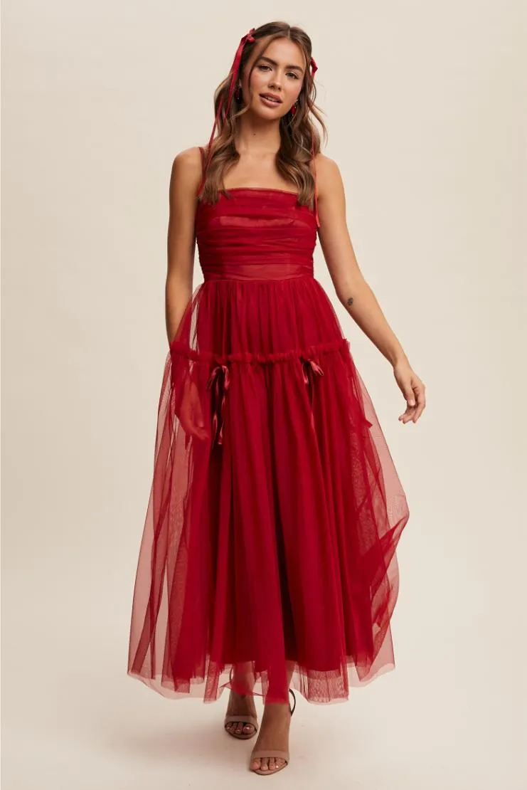Aurelie Wine Ruched Tulle Maxi Dress - Wine