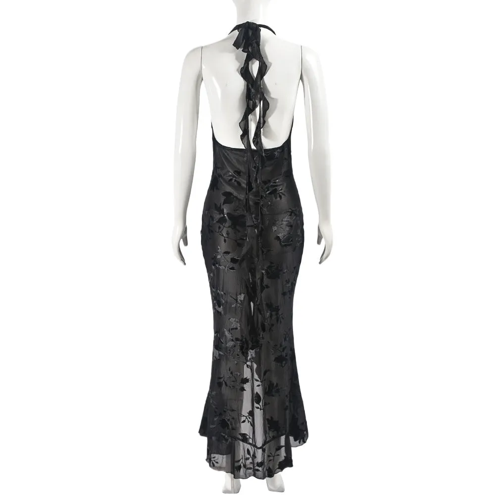 Black Cutout Halter Ruched Split Party Dress