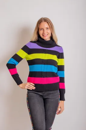 Black Multicolor Stripe Turtleneck Sweater