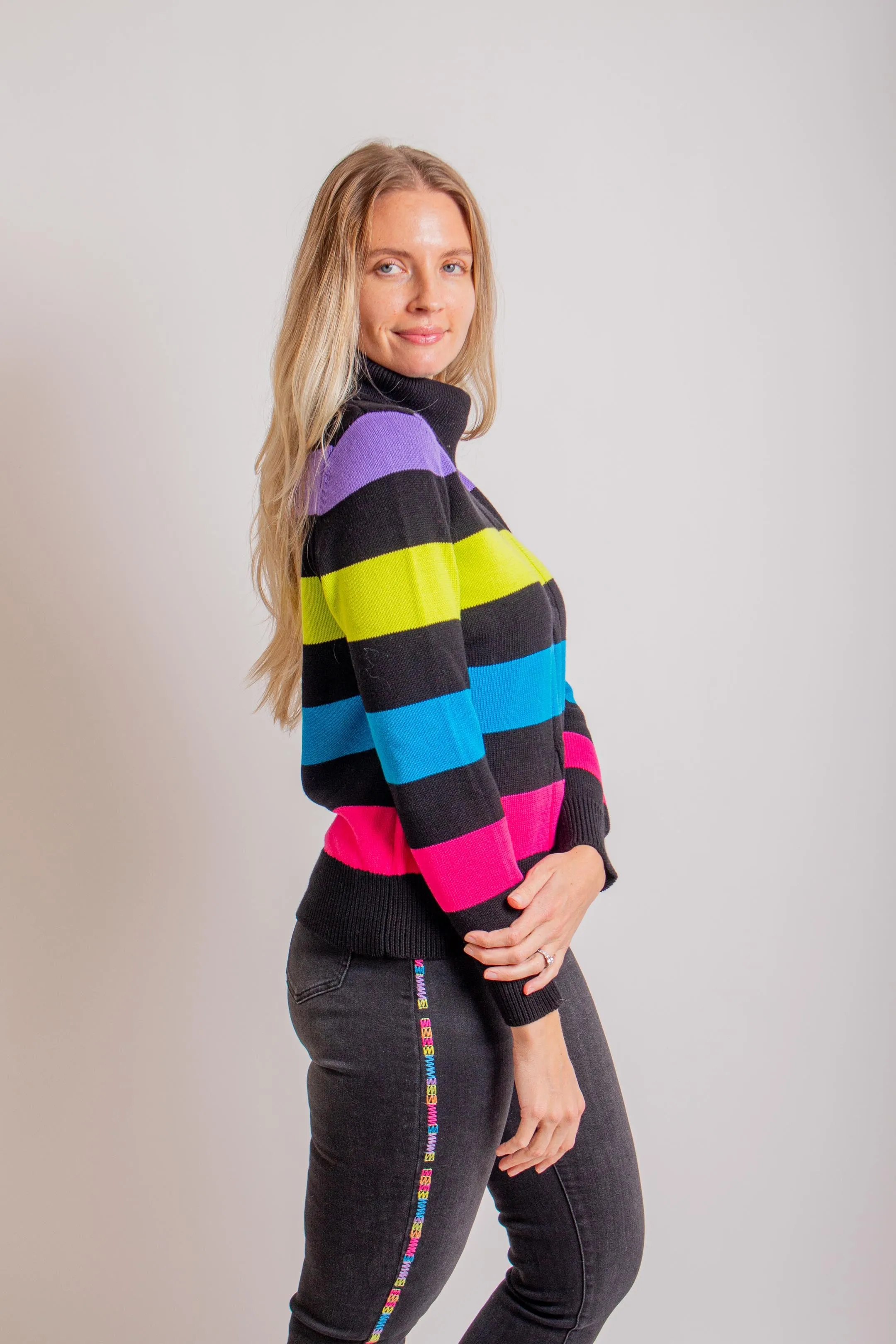 Black Multicolor Stripe Turtleneck Sweater