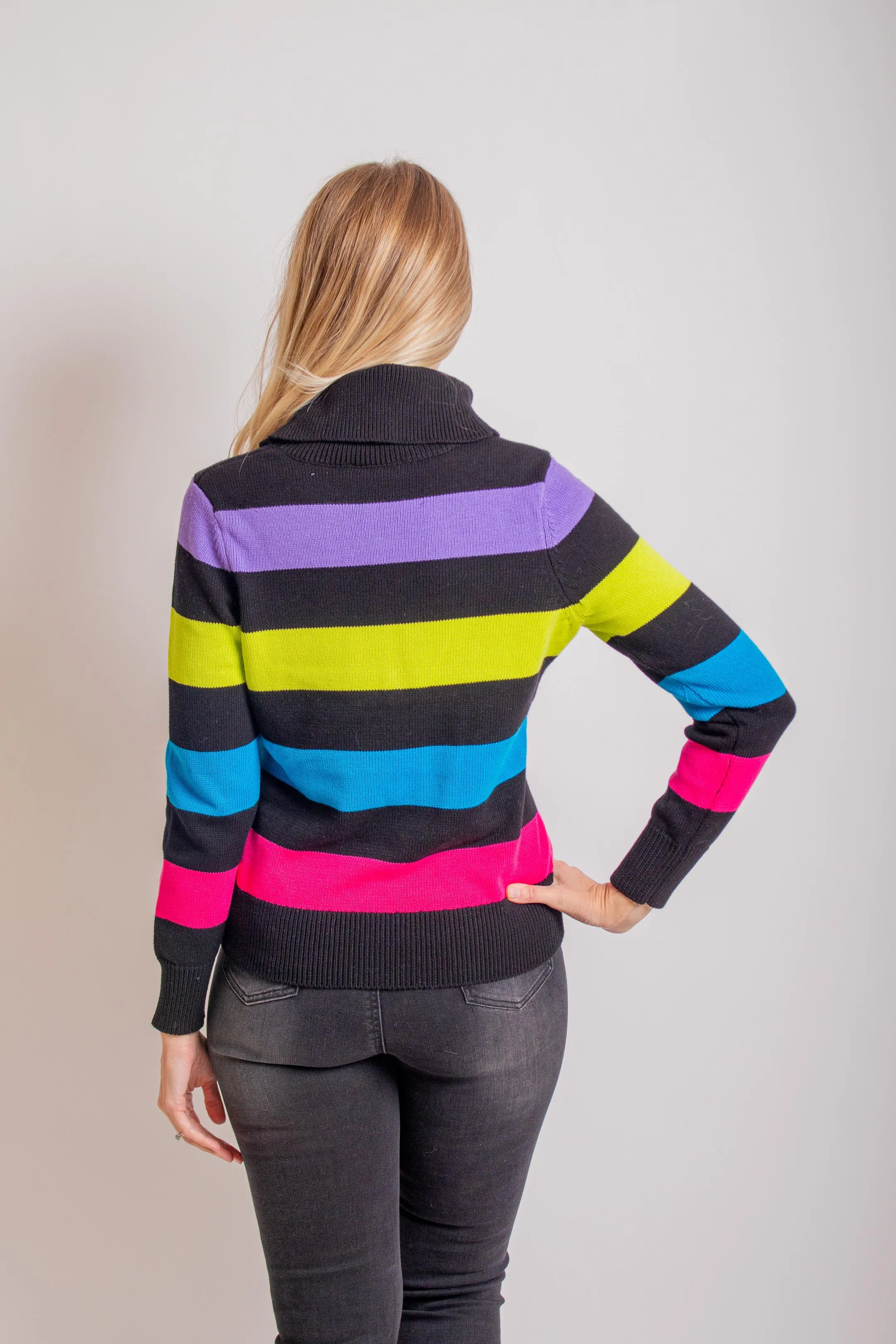 Black Multicolor Stripe Turtleneck Sweater