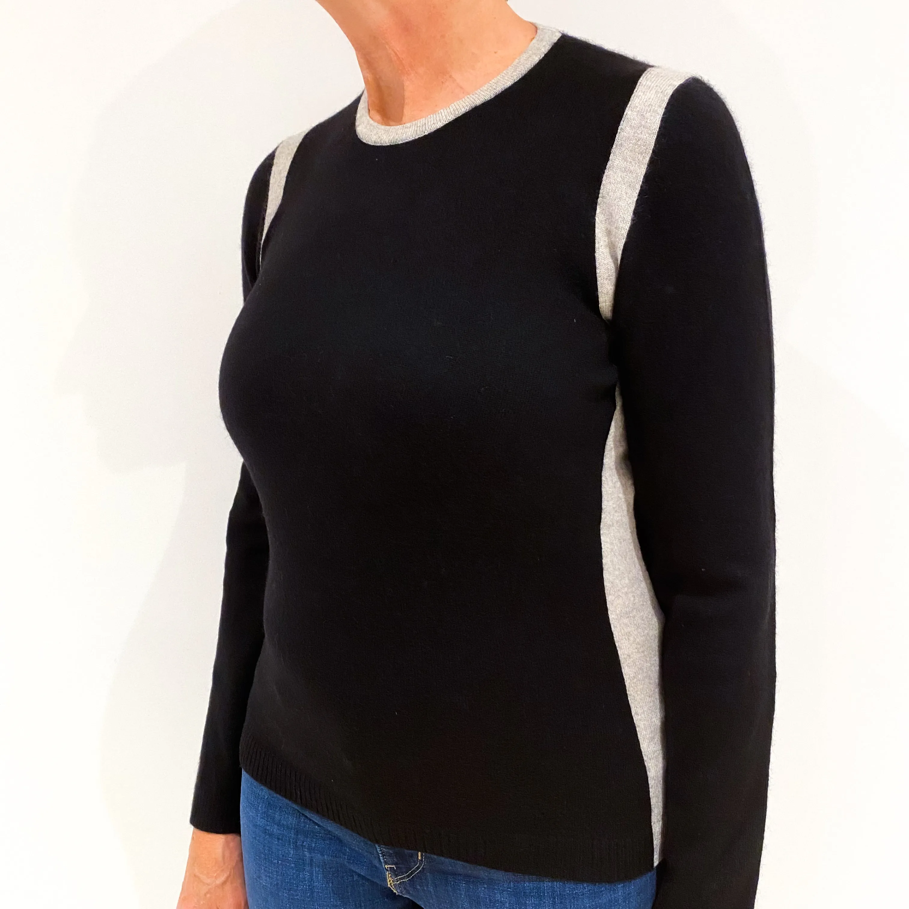 Black with Smoke Grey Cashmere Crew Neck Jumper Medium