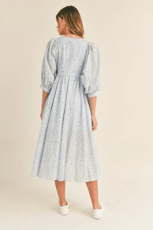 Blue Floral Front Tie Babydoll Midi Dress