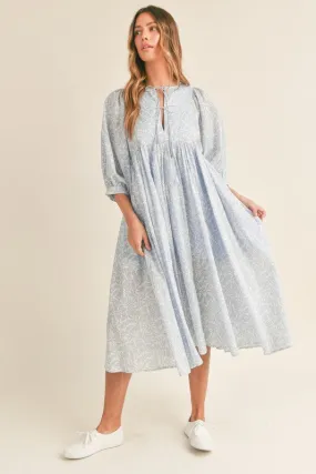 Blue Floral Front Tie Babydoll Midi Dress