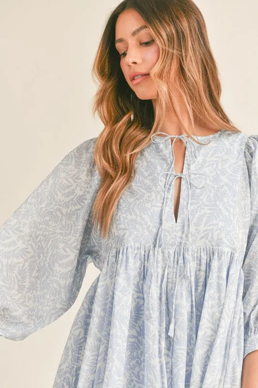 Blue Floral Front Tie Babydoll Midi Dress