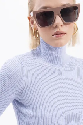 Blue Stand Collar Crop Knitted Blouse