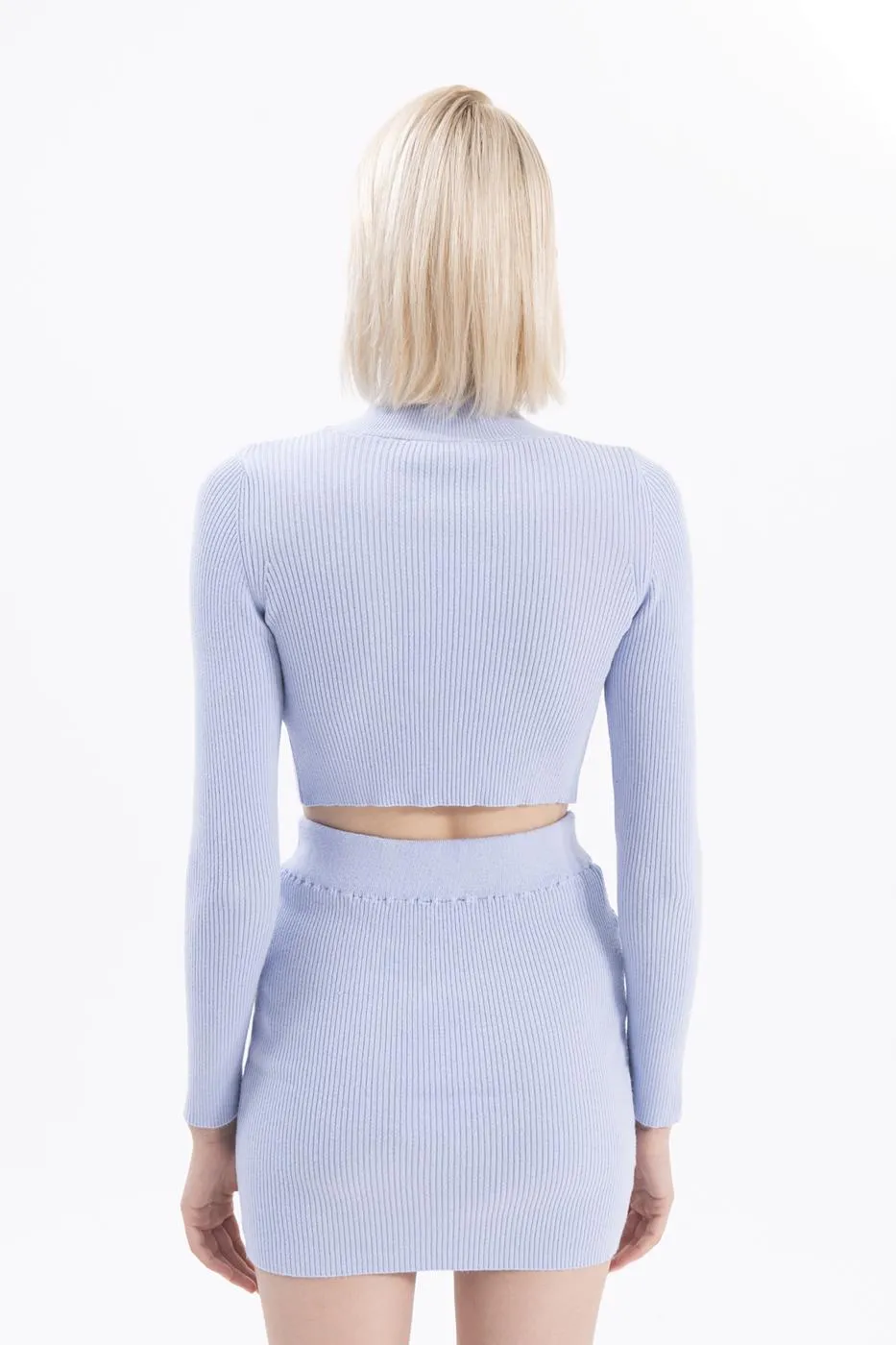 Blue Stand Collar Crop Knitted Blouse
