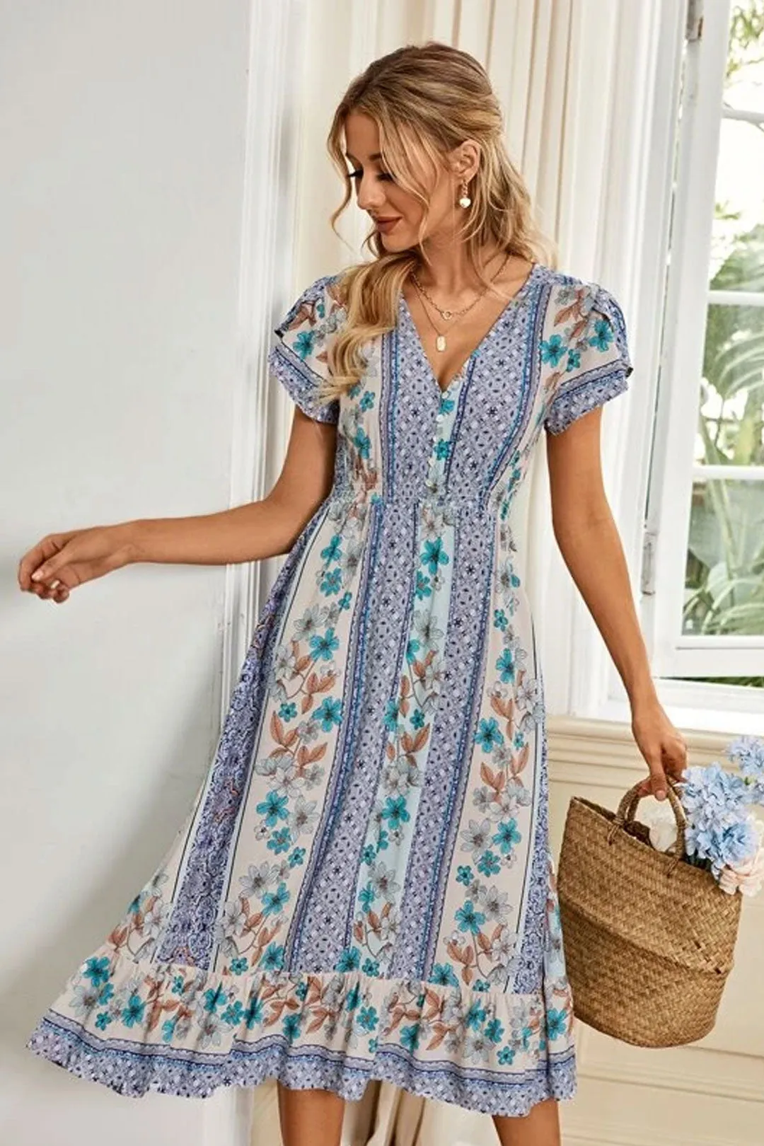 Boho Midi Dress, Sundress, Blue Admiral