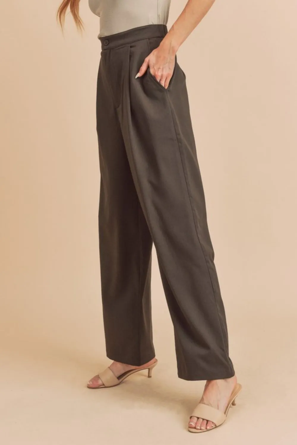 Brown High Waist Wide Leg Pants with Side Pockets
