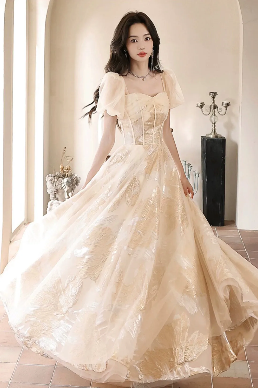 Champagne Tulle Long Prom Dresses, Champagne Short Sleeve Evening Dresses