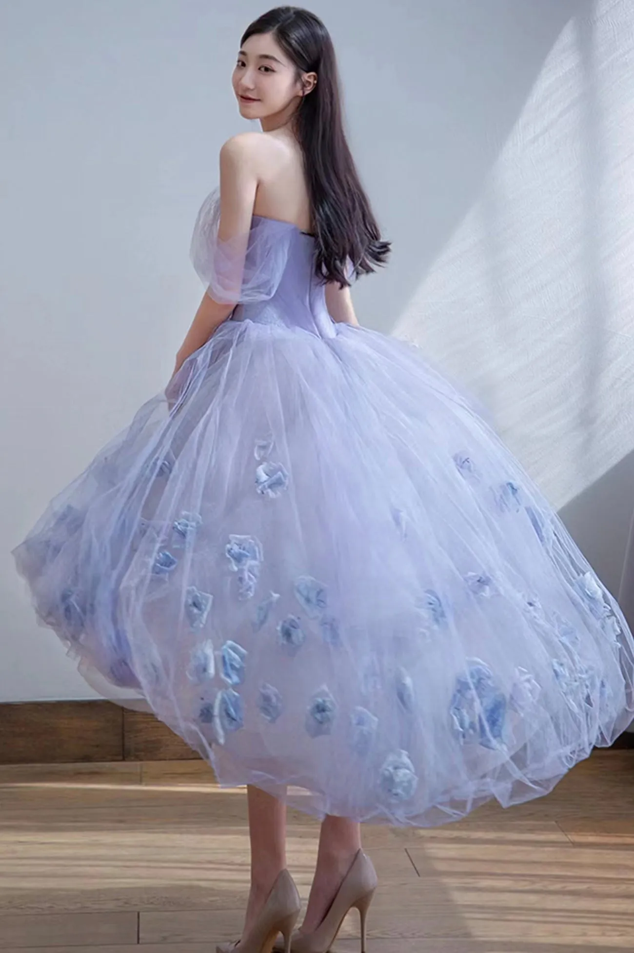 Cute Tulle Short A-Line Prom Dress, Purple Off the Shoulder Evening Dress