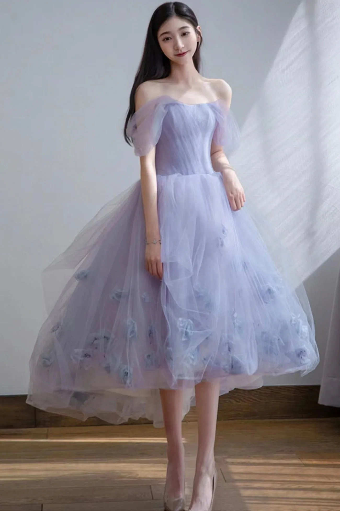Cute Tulle Short A-Line Prom Dress, Purple Off the Shoulder Evening Dress
