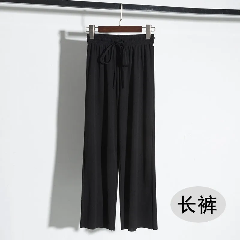 Drape Women Ice Silk Wide Leg Pants High Waist Plus Size Slim Look Casual Floor Length Long Pants