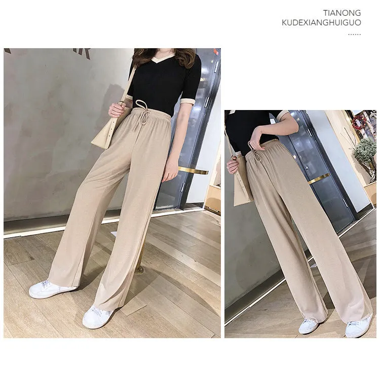 Drape Women Ice Silk Wide Leg Pants High Waist Plus Size Slim Look Casual Floor Length Long Pants