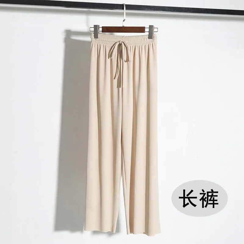 Drape Women Ice Silk Wide Leg Pants High Waist Plus Size Slim Look Casual Floor Length Long Pants