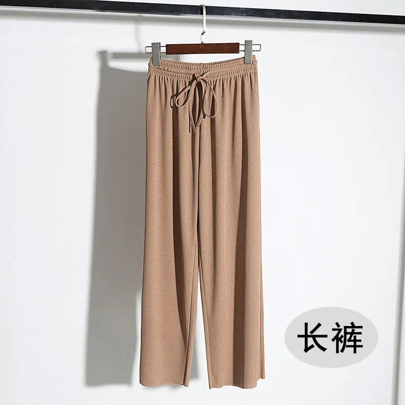 Drape Women Ice Silk Wide Leg Pants High Waist Plus Size Slim Look Casual Floor Length Long Pants
