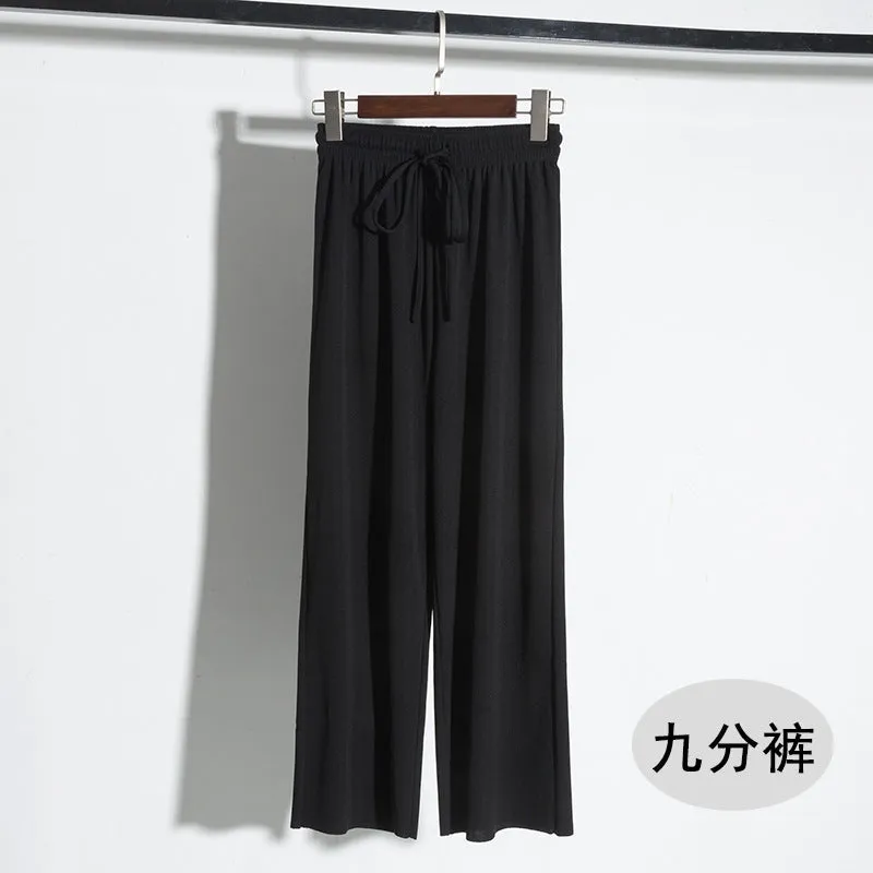 Drape Women Ice Silk Wide Leg Pants High Waist Plus Size Slim Look Casual Floor Length Long Pants