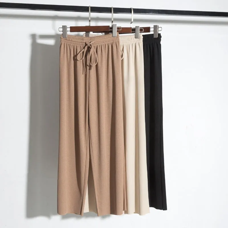 Drape Women Ice Silk Wide Leg Pants High Waist Plus Size Slim Look Casual Floor Length Long Pants