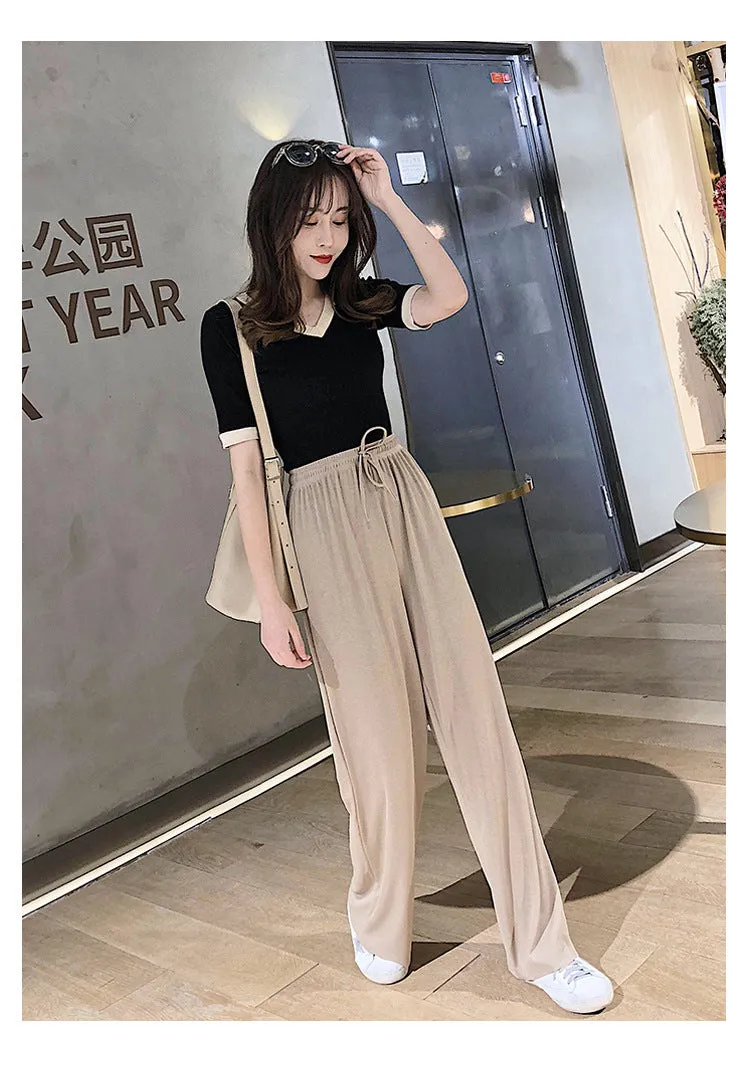 Drape Women Ice Silk Wide Leg Pants High Waist Plus Size Slim Look Casual Floor Length Long Pants
