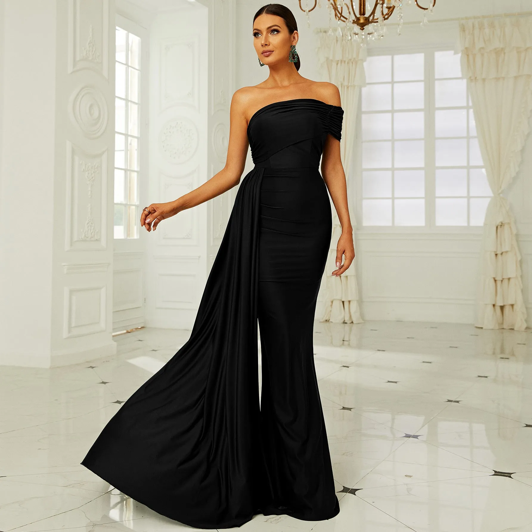 Elegant Boat Neck Ruched Evening Dress