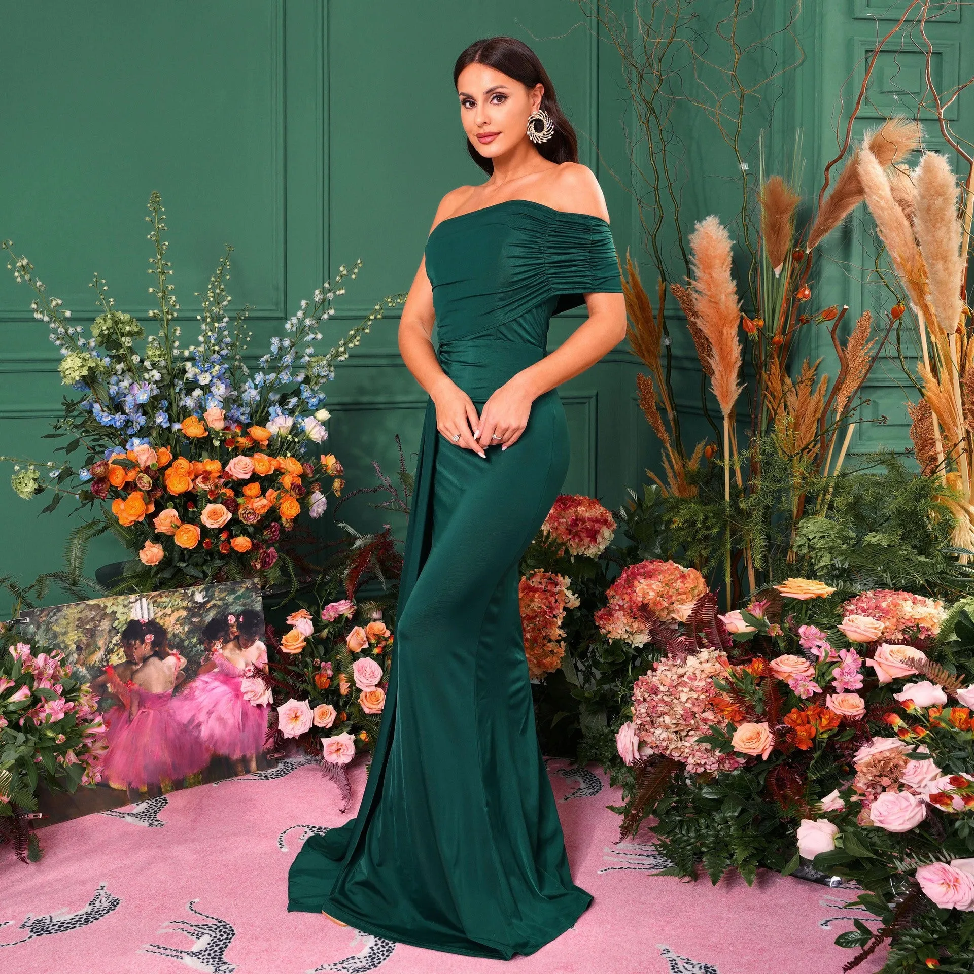 Elegant Boat Neck Ruched Evening Dress