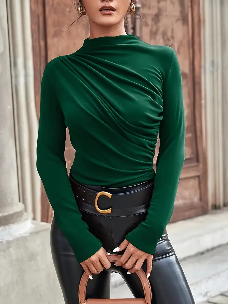 Elegant Ruched Mock Neck T-Shirt, Long Sleeve