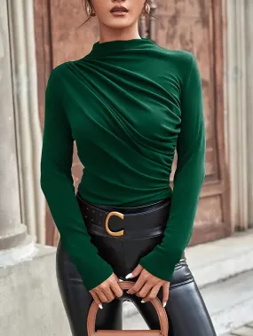 Elegant Ruched Mock Neck T-Shirt, Long Sleeve