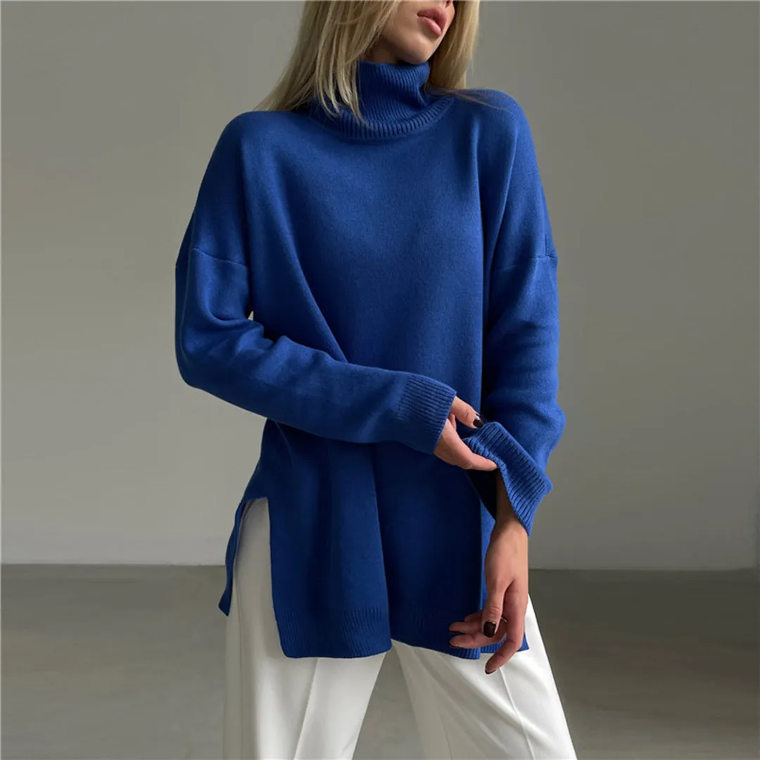 Elegant Split-Hem Turtleneck Sweater