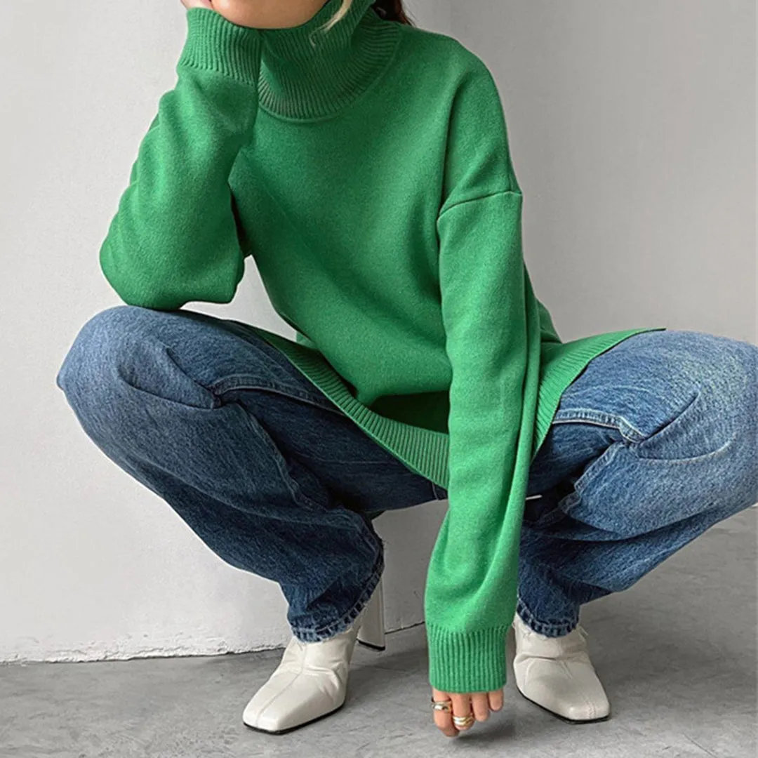 Elegant Split-Hem Turtleneck Sweater